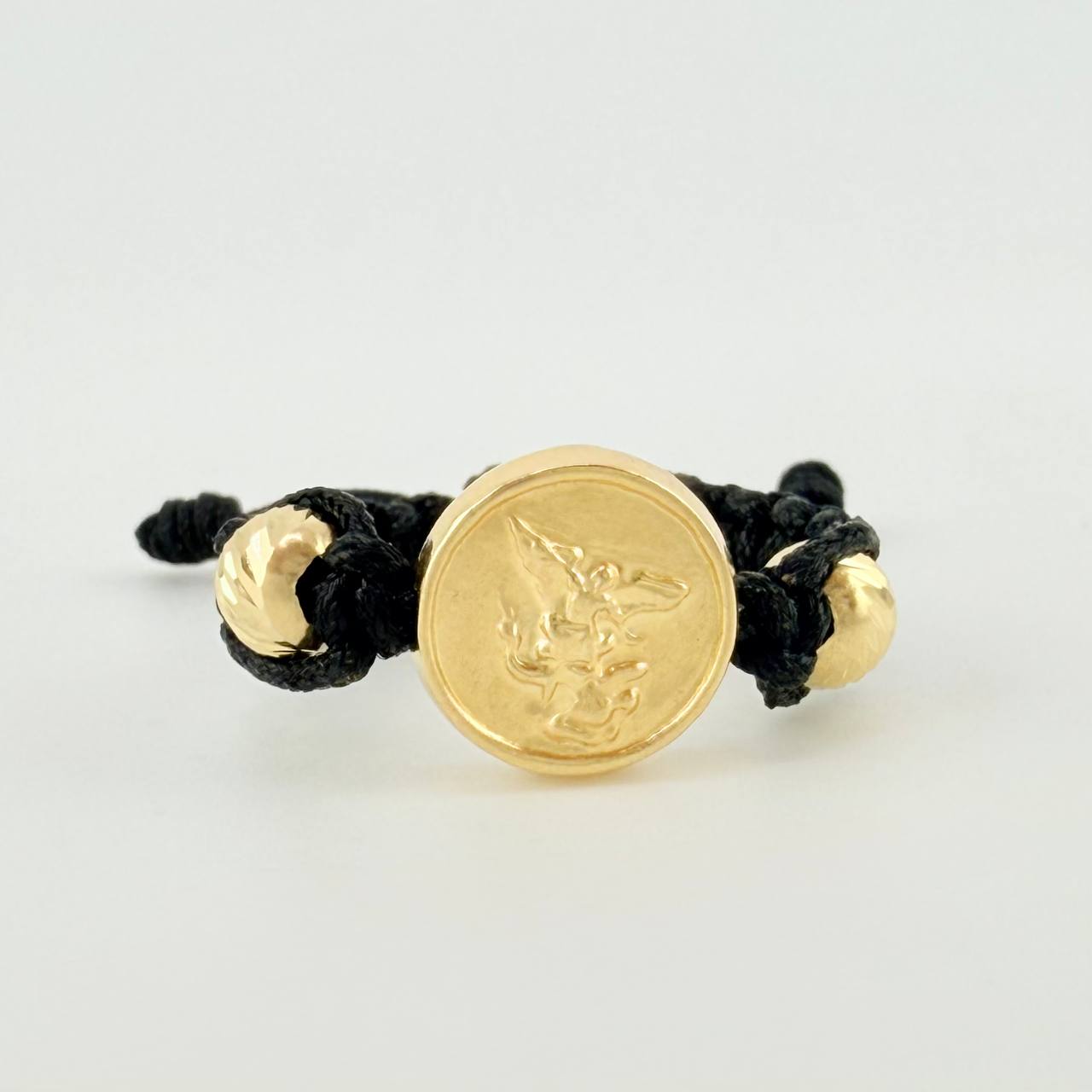 Anillo Tejido Negro Herraje San Miguel Bolas Diamantadas 0.75 g / T5 3/4 Oro Amarillo 18K