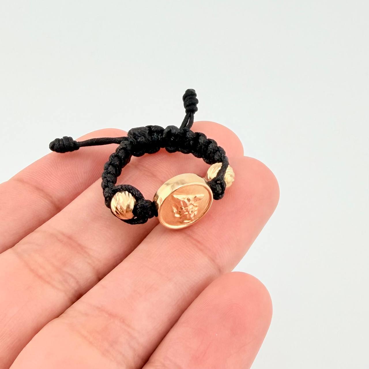 Anillo Tejido Negro Herraje San Miguel Bolas Diamantadas 0.75 g / T5 3/4 Oro Amarillo 18K