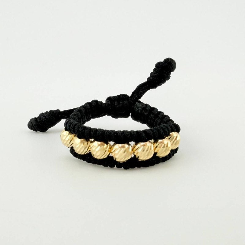 Anillo Tejido Negro Bolas Diamantadas 0.55 g / T7 Oro Amarillo 18K