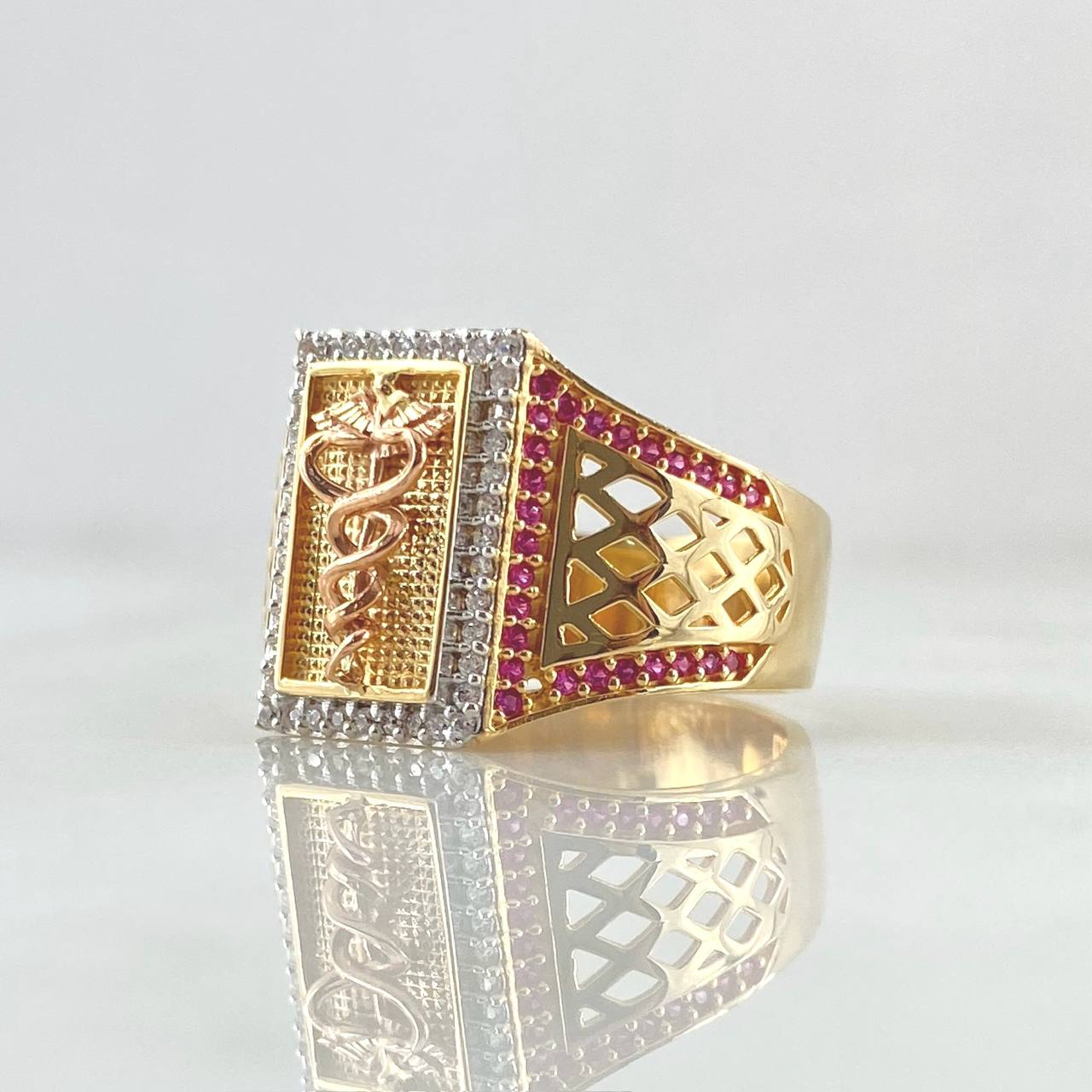 Anillo Caduceo de Serpiente 8gr / T10 1/2 / Circones Blancos Negros Fucsia Tres Oros 18K