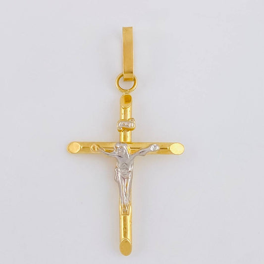 Dije Cruz Cristo Puntas Planas 1.2 g / 4.3 cm Dos Oros Amarillo Blanco 18K