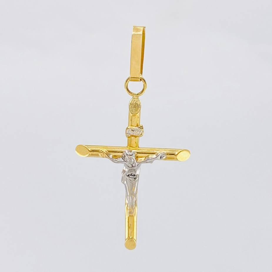 Dije Cruz Cristo Puntas Planas 1.2 g / 4.3 cm Dos Oros Amarillo Blanco 18K