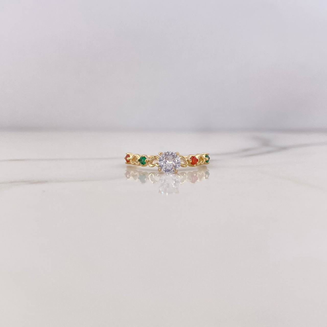 Anillo Solitario 1.2gr / T5 1/4 / Corazones Circones Verdes Naranjas Blanco Oro Amarillo 18K &