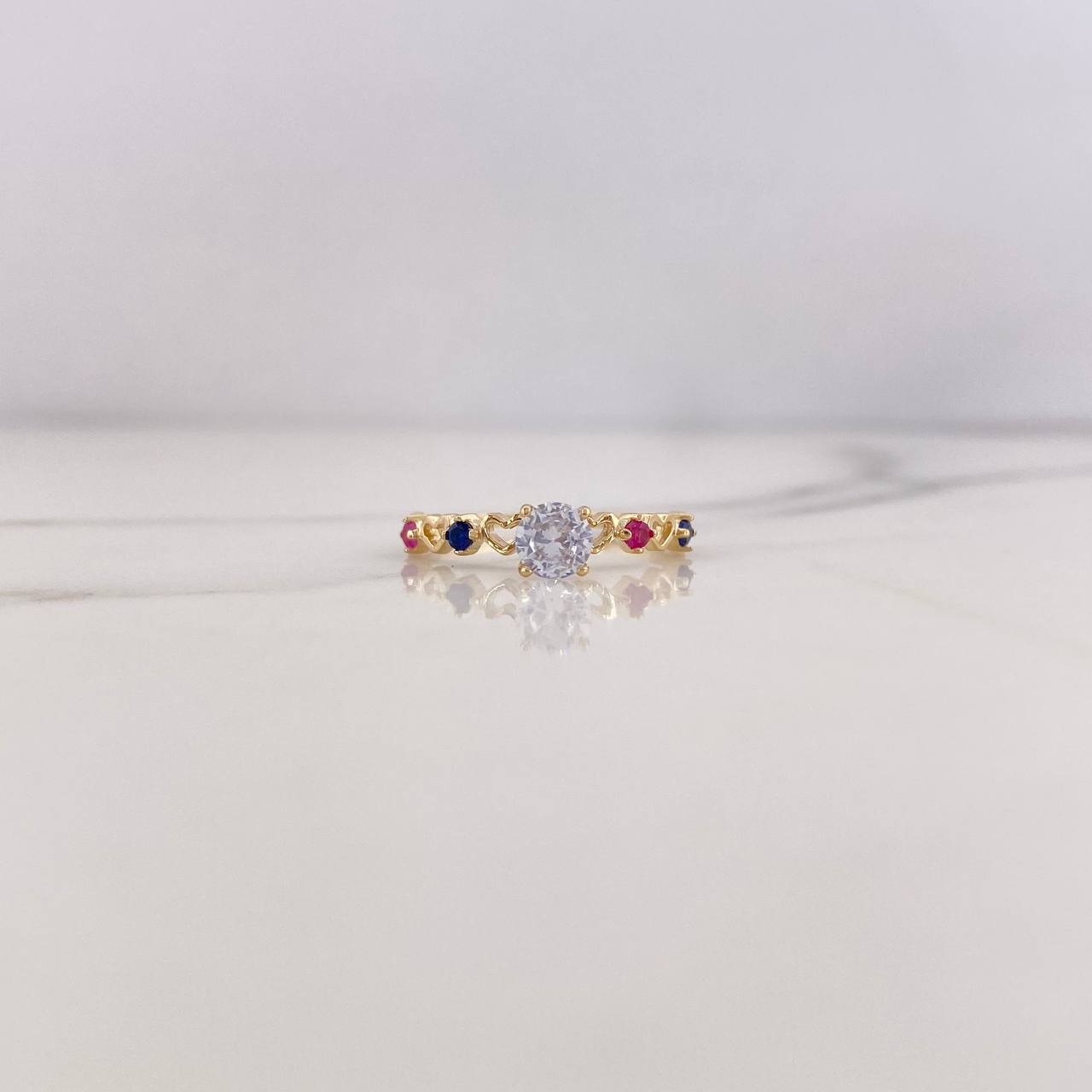 Anillo Solitario 1.15gr / T5 1/4 / Corazones Circones Azules Fucsias Blanco Oro Amarillo 18K &