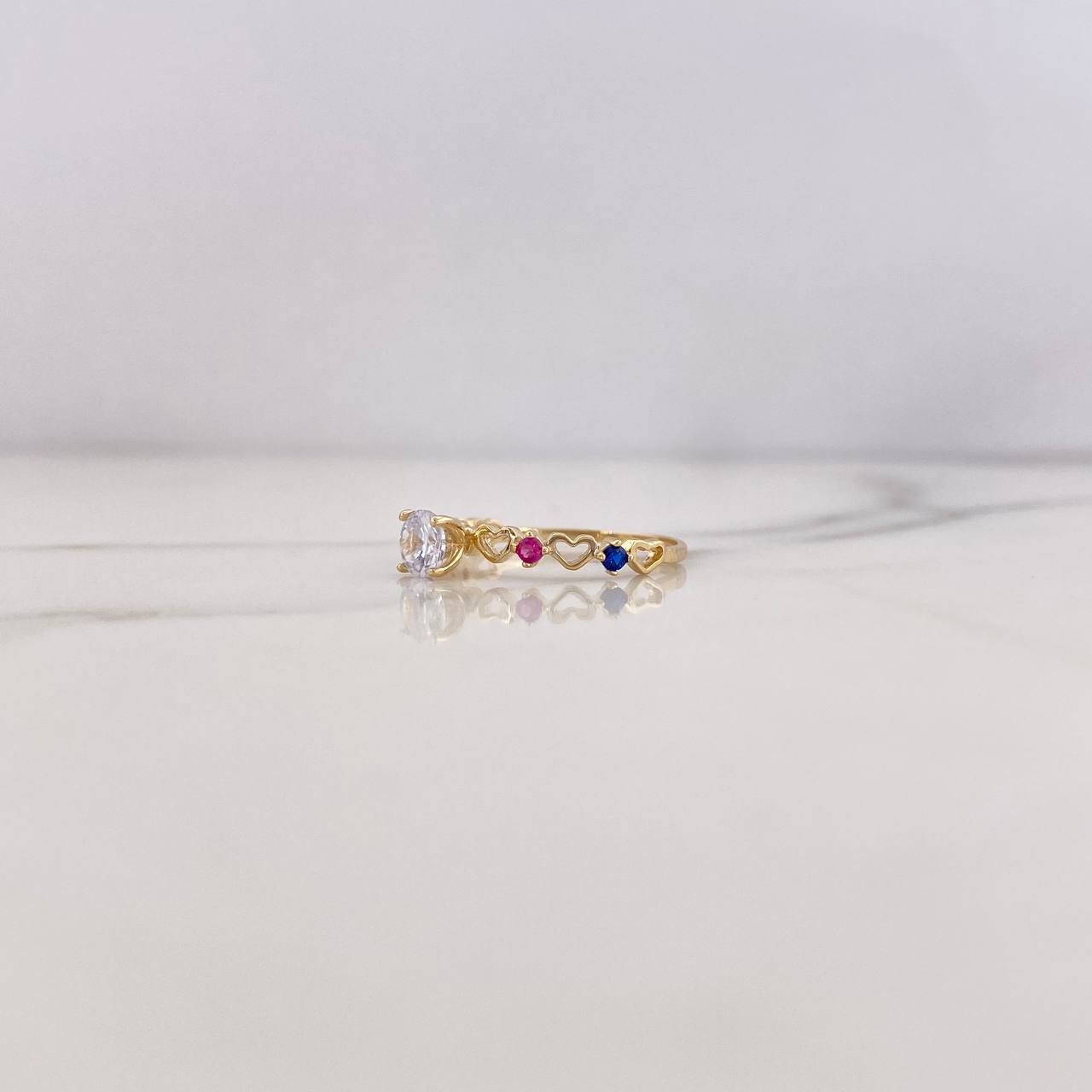 Anillo Solitario 1.15gr / T5 1/4 / Corazones Circones Azules Fucsias Blanco Oro Amarillo 18K &