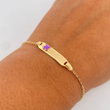 Pulso Bebe Aro Seguido 1.45gr / 15cm / Placa Rectangular Curva Trebol Morado Oro Amarillo 18K &