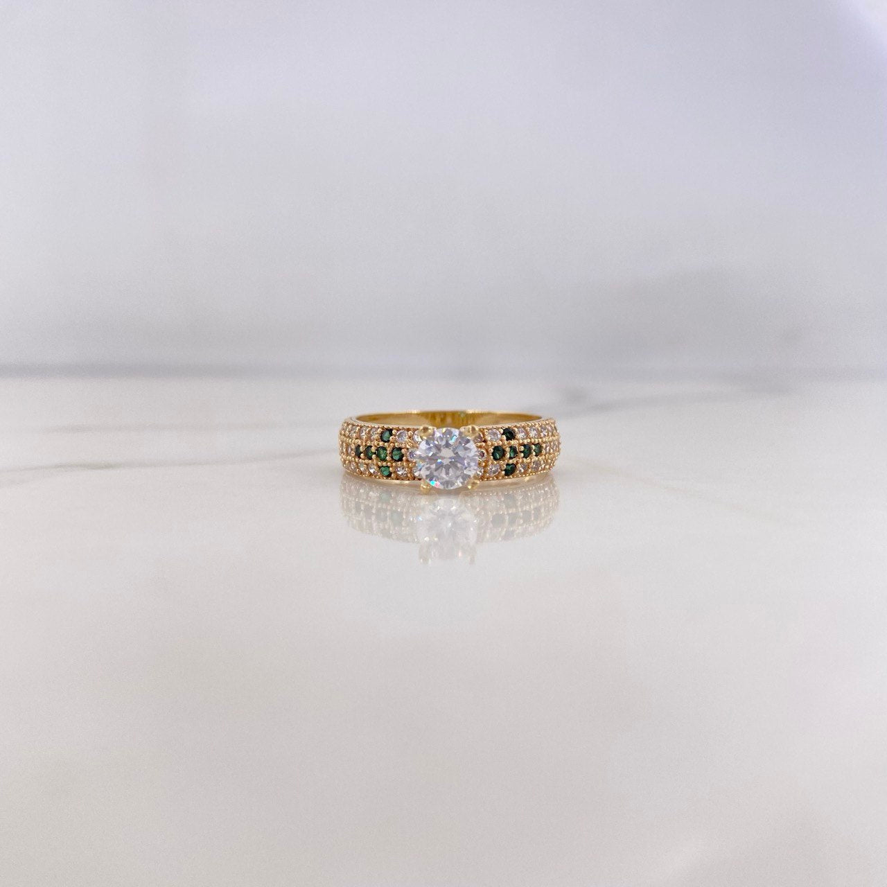 Anillo Solitario Tupido 3.15gr / T6 3/4 / Circones Blancos Verdes Oro Amarillo 18K #