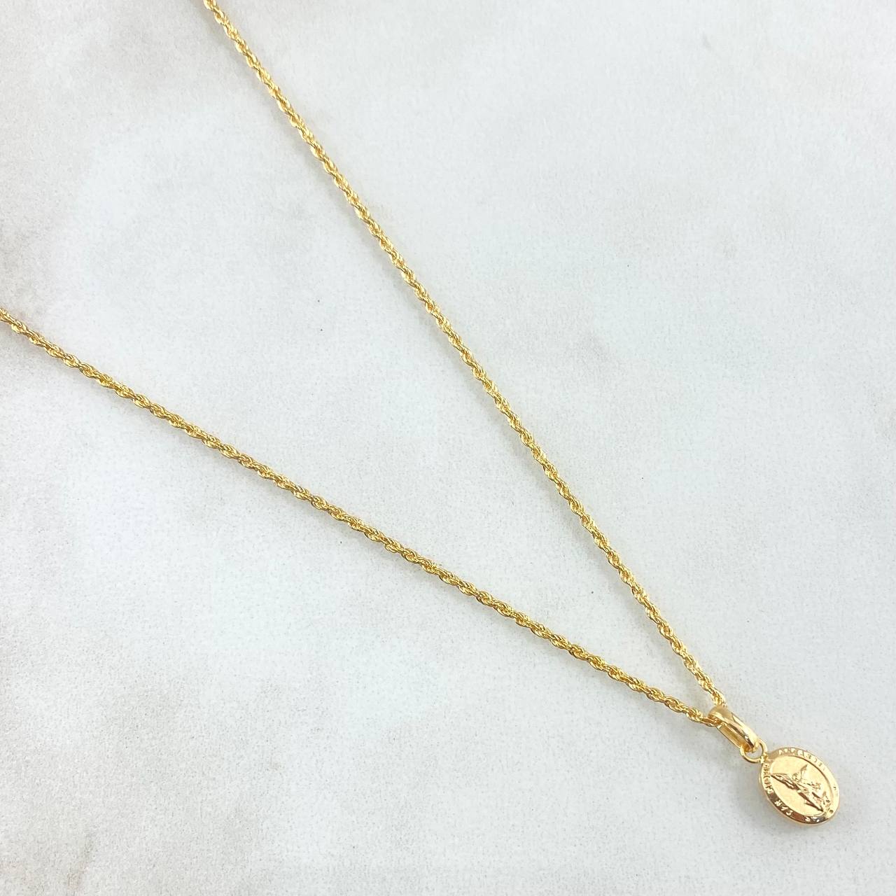 Set Cadena Lazo 1gr / 50cm / 1.2mm + Dije San Miguel Arcangel 0.4gr / 1.5cm Mate 1.4gr Oro Amarillo 18K (Oferta) *