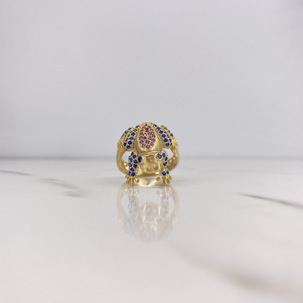 Anillo Rana 7.15gr / T9 1/4 / Circones Azules Morados Oro Amarillo 18K &