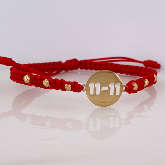 Pulsera Tejida Roja Placa 11-11 Oro Amarillo 18K