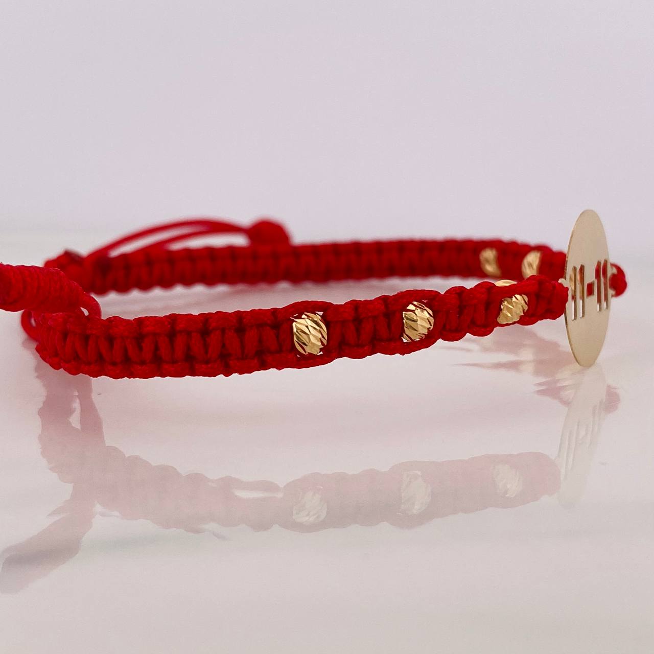 Pulsera Tejida Roja Placa 11-11 Oro Amarillo 18K