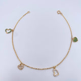 Tobillera Aro Seguido 3.3gr / 24.9cm / Dijes Corazon Circones Blancos Verdes Oro Amarillo 18K &