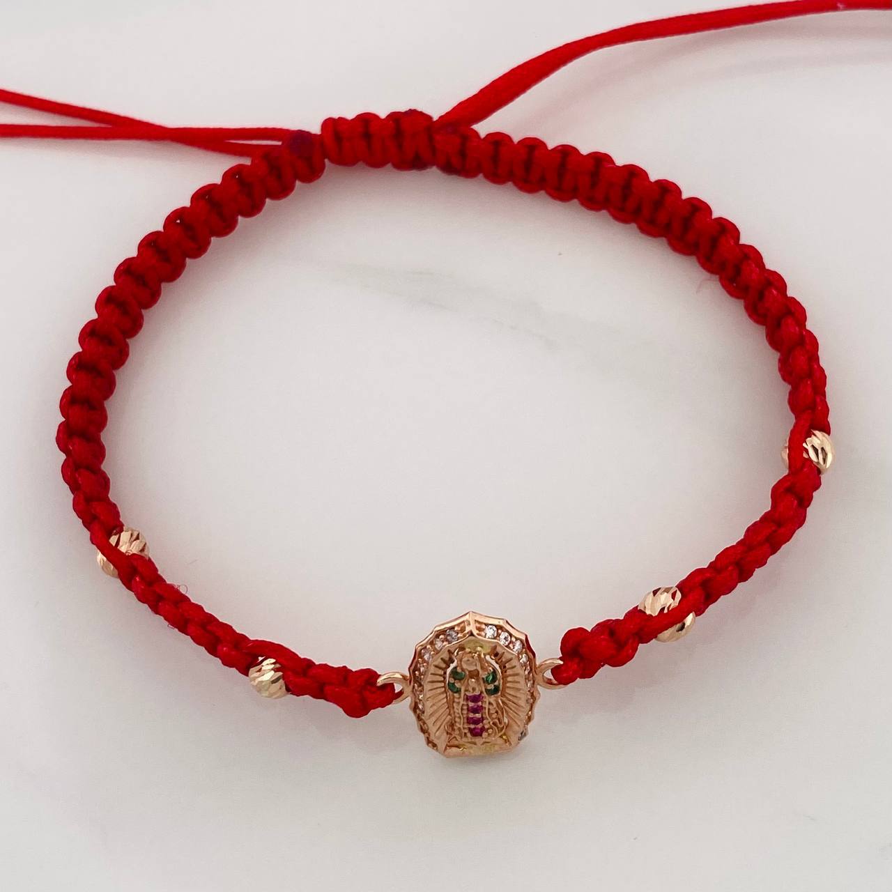 Pulsera Tejida Roja Virgen Guadalupe Oro Rosa 18K