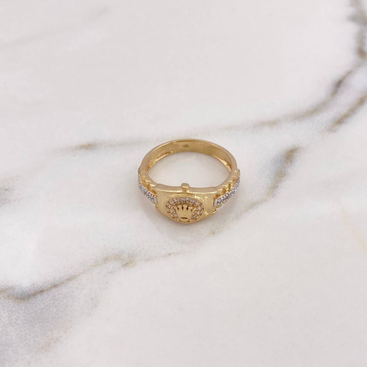 Anillo Correa Corona RX 4.2gr / T7 1/2 / Circones Blancos Dos Oros Amarillo Blanco 18K #