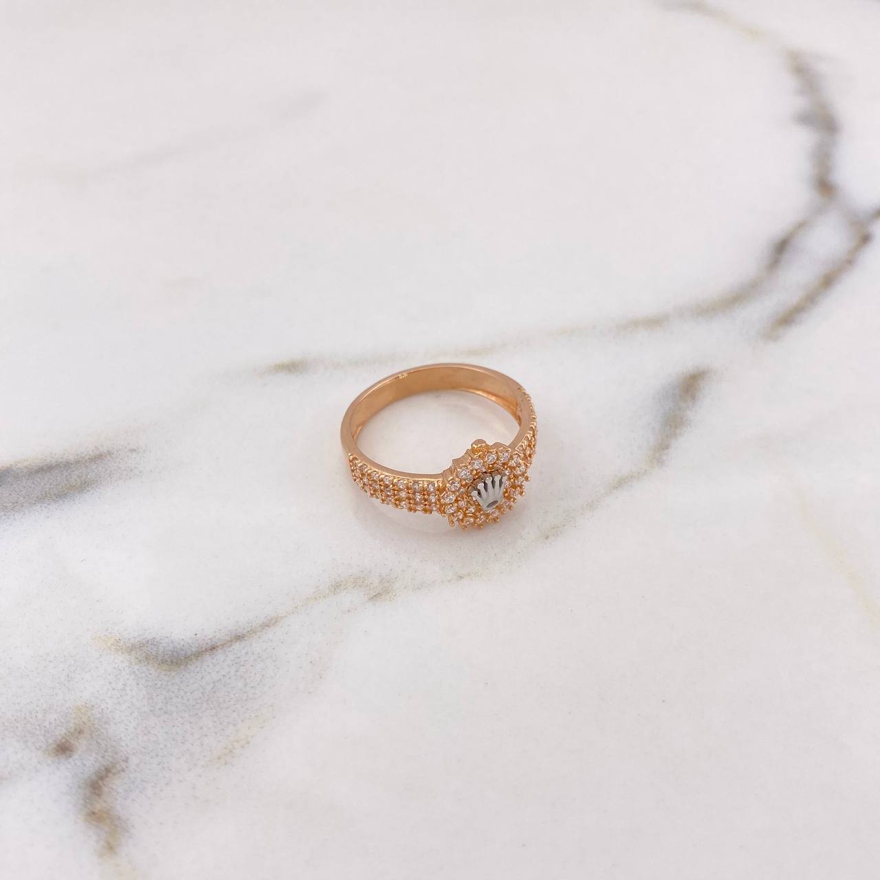 Anillo Corona RX 3.85gr / T7 1/2 / Circones Blancos Dos Oros Blanco Rosa 18K #