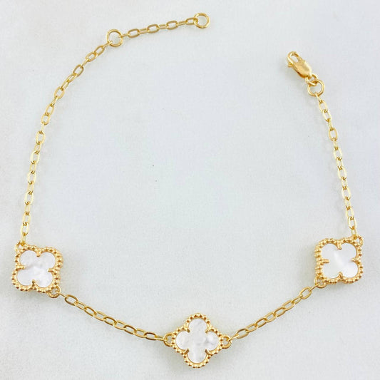 Pulso Aro Seguido Trebol Blanco 4.65gr / 17cm-19cm / Oro Amarillo Nac.Esp. 18K ©