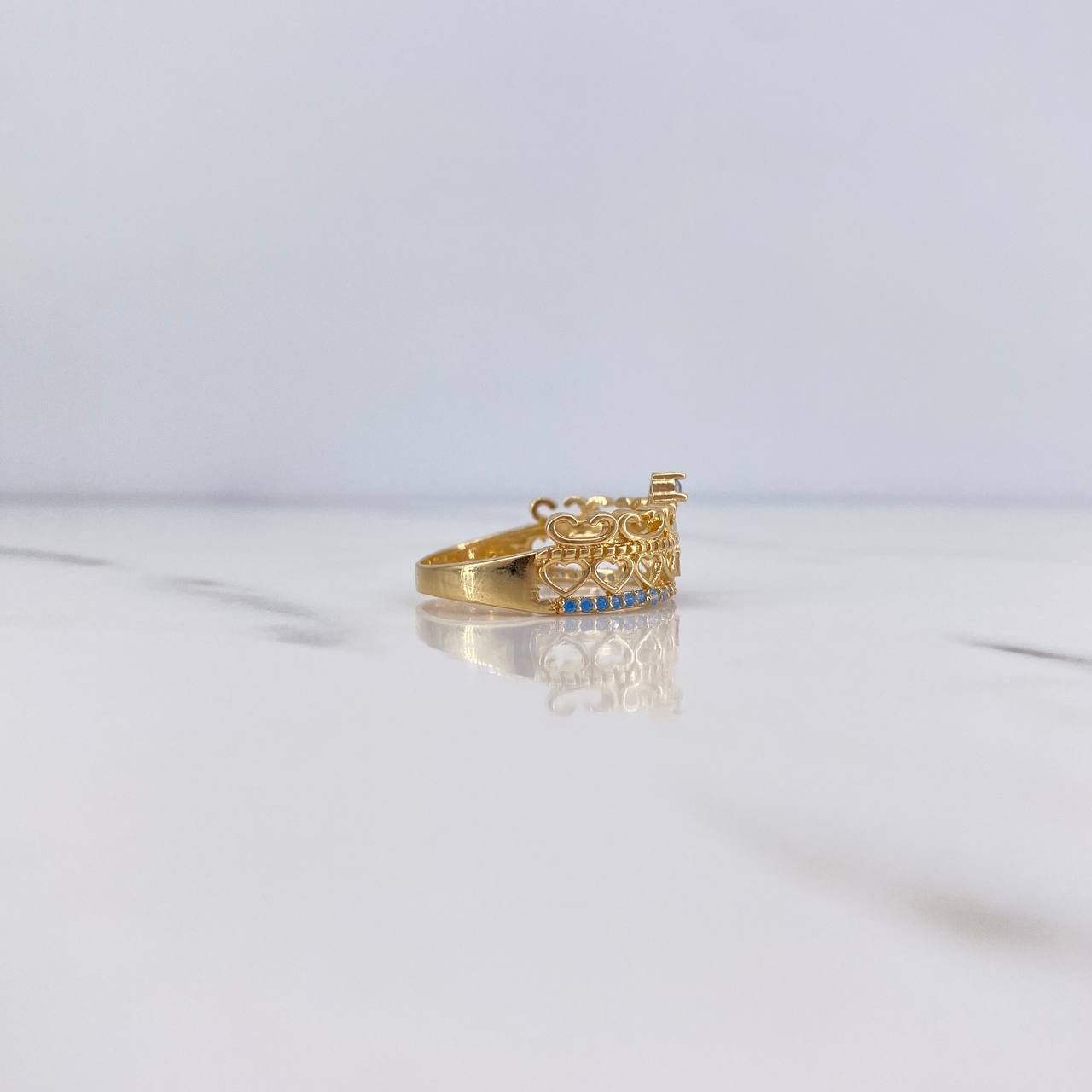 Anillo Corona Corazones 15s 3.55gr / T8 1/2 / Circones Azules Oro Amarillo 18K &