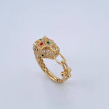 Anillo Pantera 6.55gr / T7 3/4 / Circones Fucsias Blancos Oro Amarillo 18K &