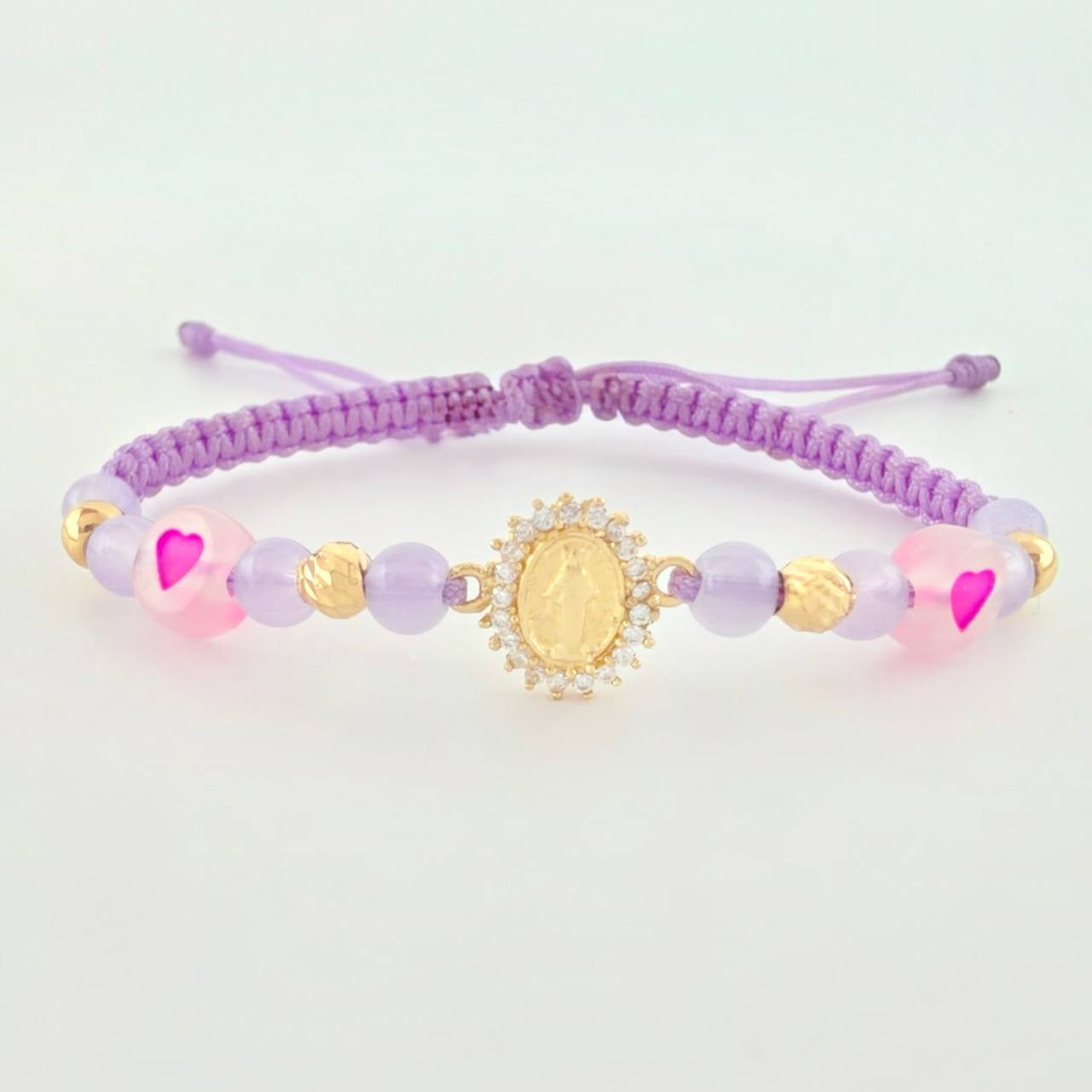 Pulsera Tejida Lila Dije Virgen Milagrosa Oro Amarillo 18K
