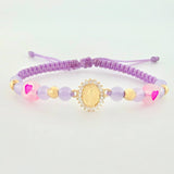 Pulsera Tejida Lila Dije Virgen Milagrosa Oro Amarillo 18K