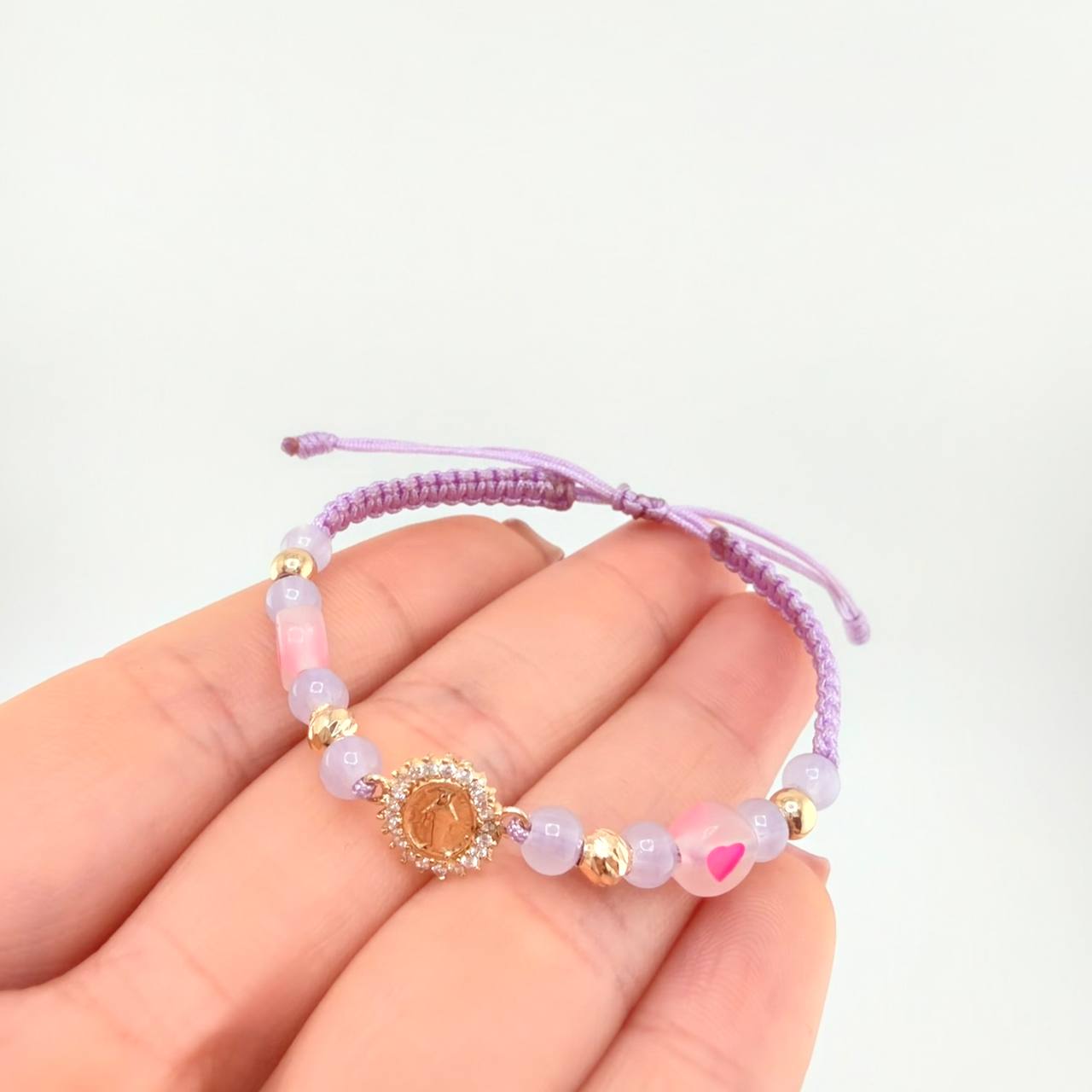 Pulsera Tejida Lila Dije Virgen Milagrosa Oro Amarillo 18K
