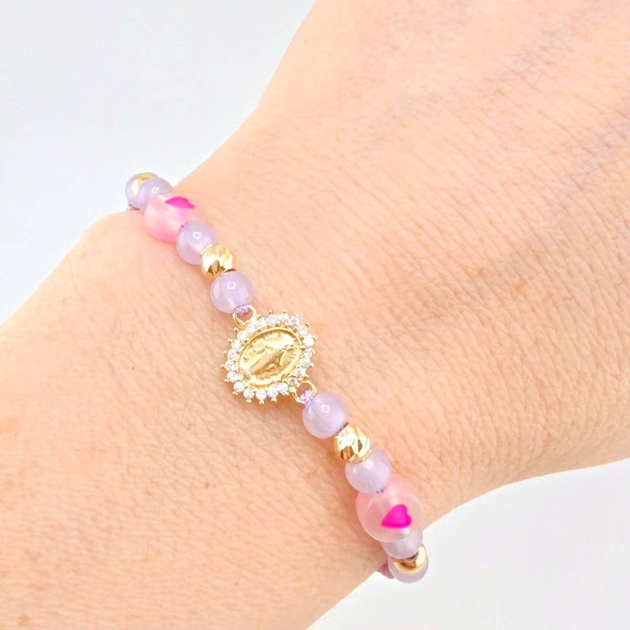Pulsera Tejida Lila Dije Virgen Milagrosa Oro Amarillo 18K