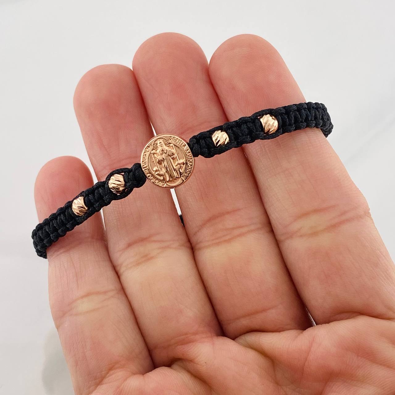 Pulsera Tejida Negra San Miguel Oro Rosa 18K