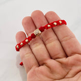 Pulsera Tejida Roja Cilindro Oro Amarillo 18K