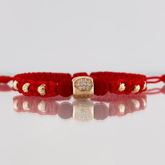 Pulsera Tejida Roja Cilindro Oro Amarillo 18K