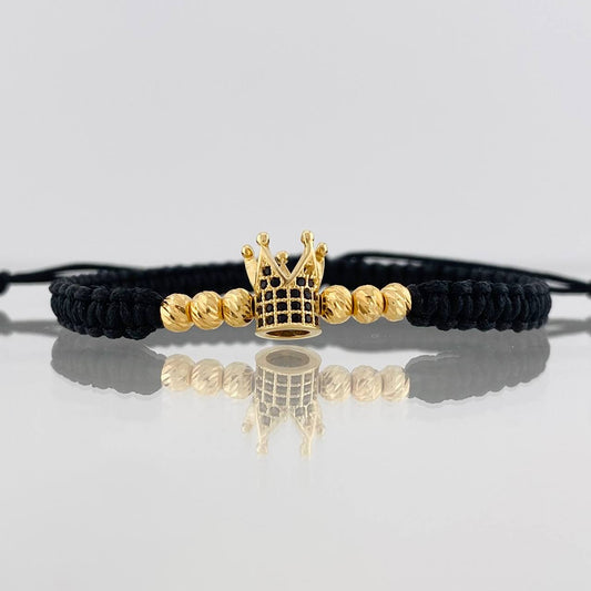 Pulsera Tejida Negra Corona Oro Amarillo 18K