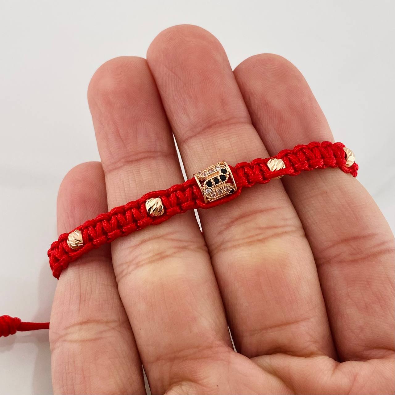 Pulsera Tejida Roja Cilindro Dos Oros Amarillo Rosa 18K