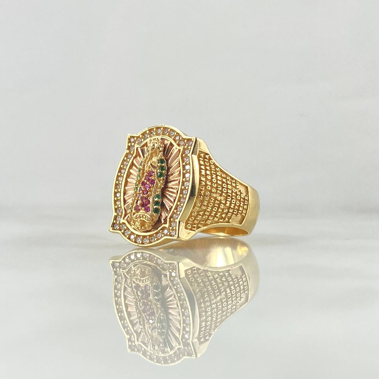 Anillo Marco Virgen Guadalupe 9.3gr / T10 1/2 / Circones Fucsias Verdes Y Blancos Dos Oros Amarillo Rosa 18K *