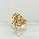 Anillo Marco Virgen Guadalupe 9.3gr / T10 1/2 / Circones Fucsias Verdes Y Blancos Dos Oros Amarillo Rosa 18K *