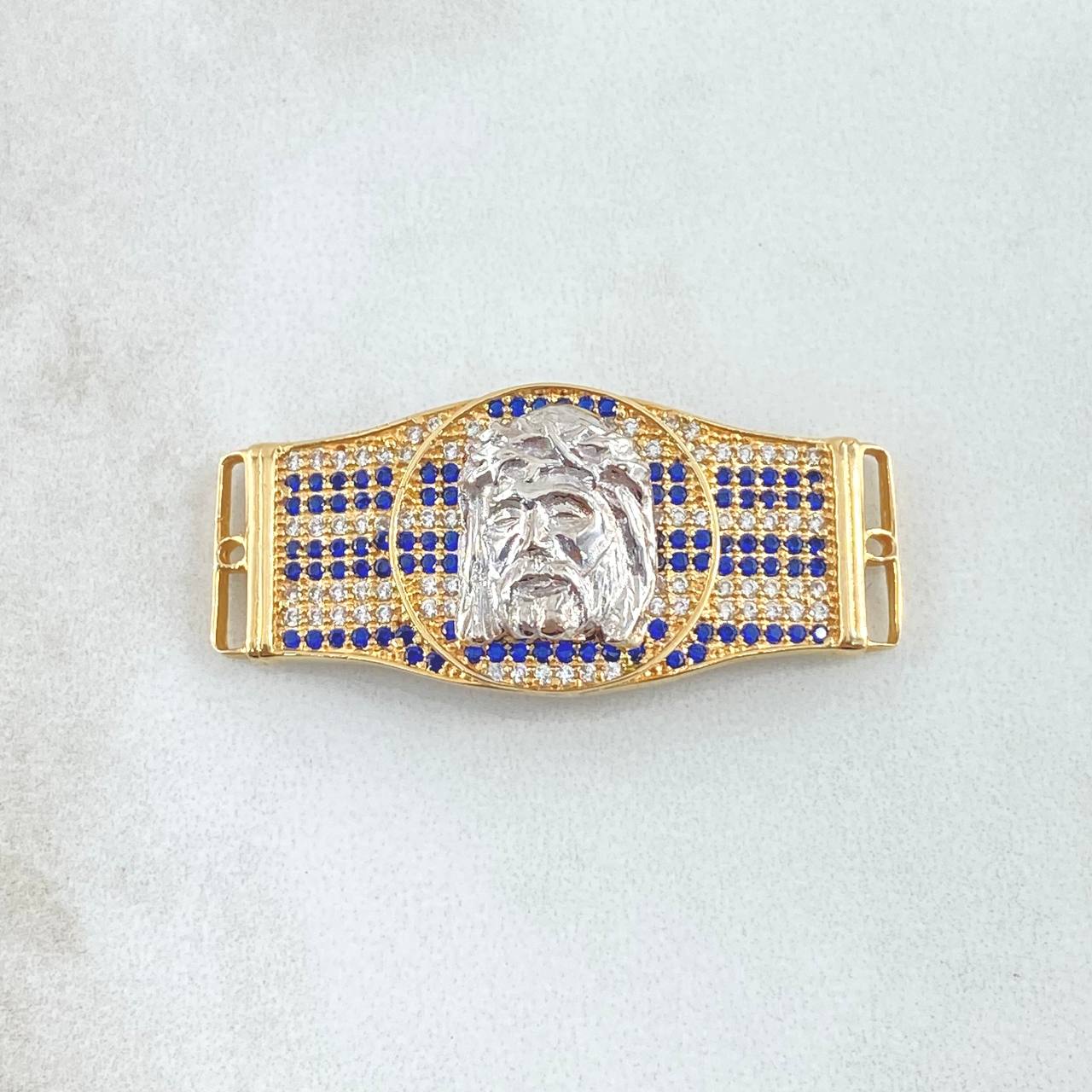 Herraje Cinturon Rostro de Jesús 6.95gr / 1.6cm-3.7cm / Circones Blancos Azules Dos Oros Amarillo Blanco 18K ©