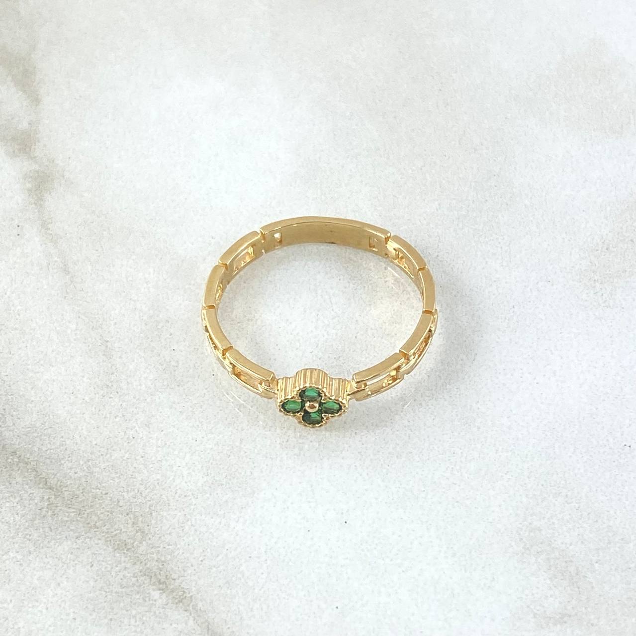 Anillo Flor Eslabones Fijos 2.15gr / T7 3/4 / Circones Verdes Oro Amarillo 18K