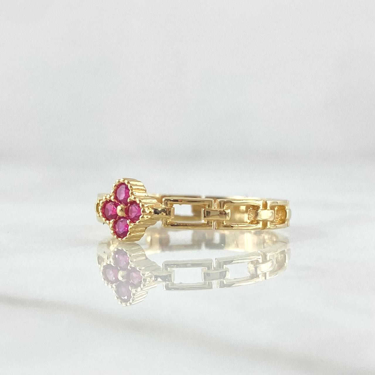 Anillo Flor Eslabones Fijos 2.1gr / T6 3/4 / Circones Fucsias Oro Amarillo 18K ©