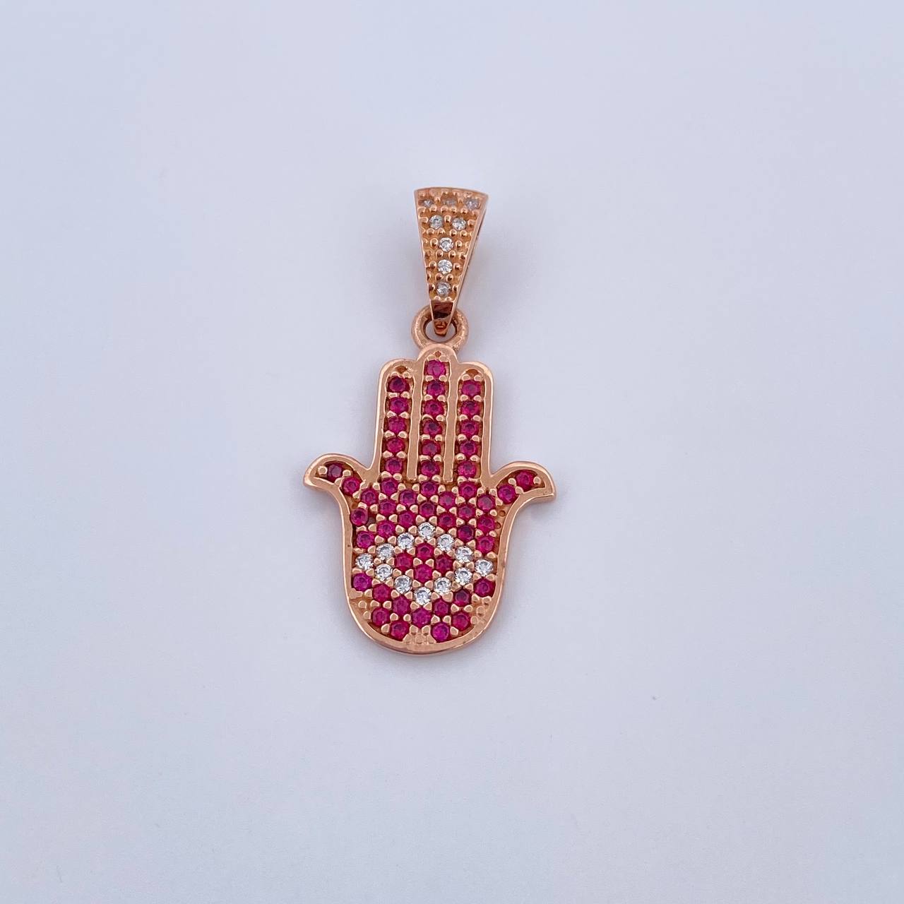 Dije Mano Hamsa 3.7gr / 3.3cm / Circones Fucsias Blancos Oro Rosa 18K $