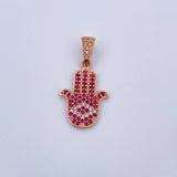 Dije Mano Hamsa 3.7gr / 3.3cm / Circones Fucsias Blancos Oro Rosa 18K $