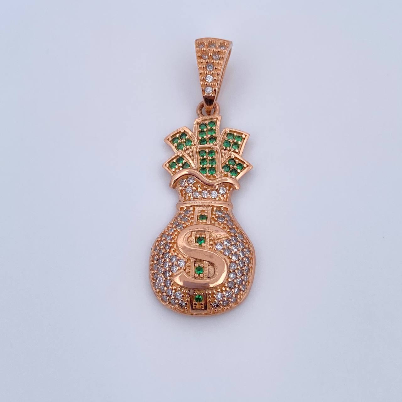 Dije Bolsa Dinero 7.95gr / 4.7cm / Circones Verdes Blancos Oro Rosa 18K $