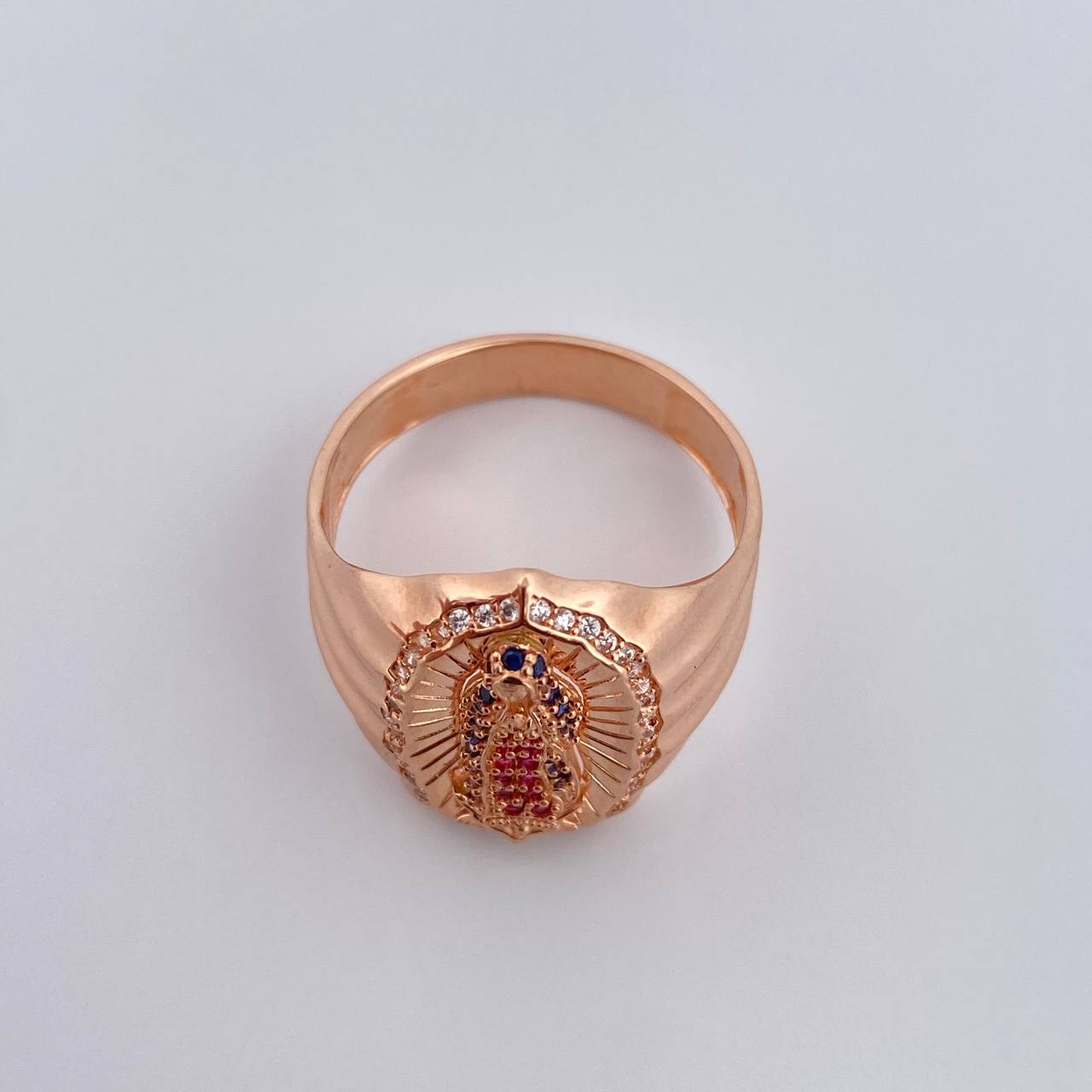 Anillo Virgen Guadalupe 7.15gr / T11 / Circones Blancos Azules Fucsias Oro Rosa 18K $