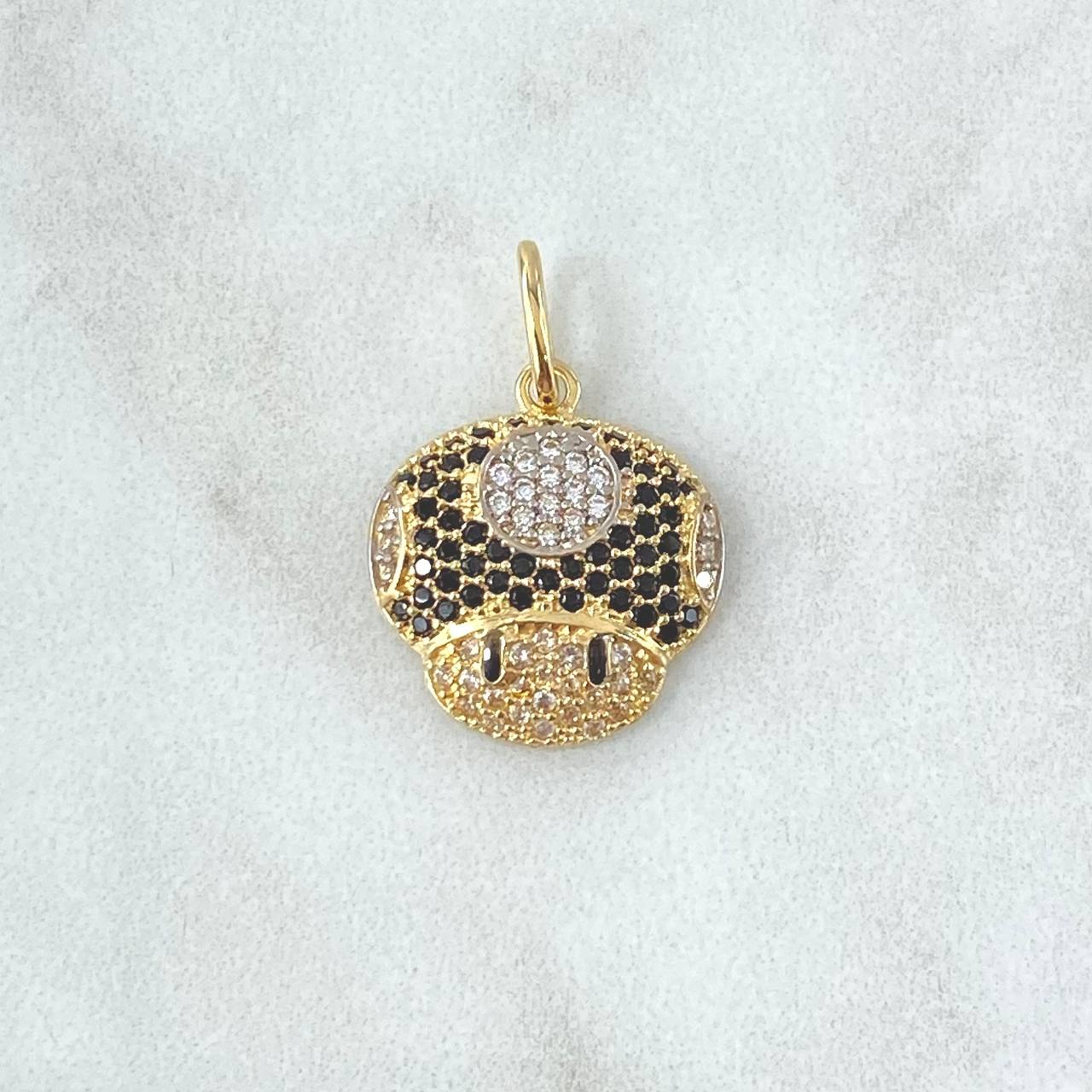 Dije Hongo Animado 2.05gr / 2.2cm / Circones Blancos Y Negros Oro Amarillo 18K