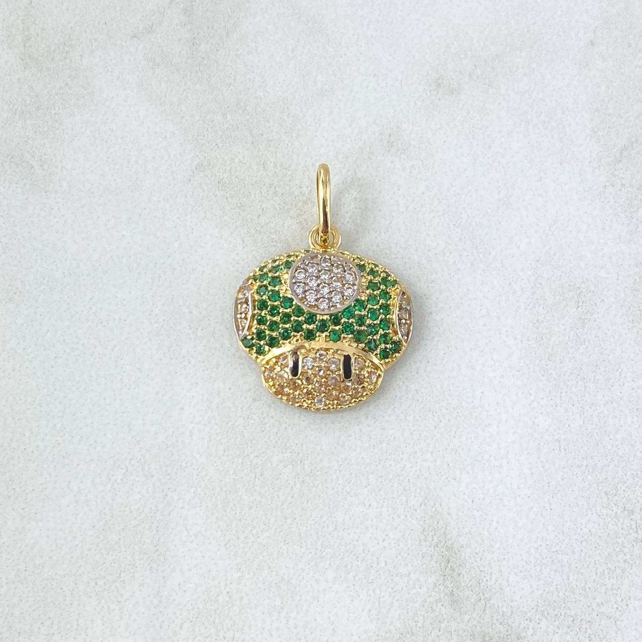 Dije Hongo Animado 2.3gr / 2cm / Circones Blancos Verdes Oro Amarillo 18K *