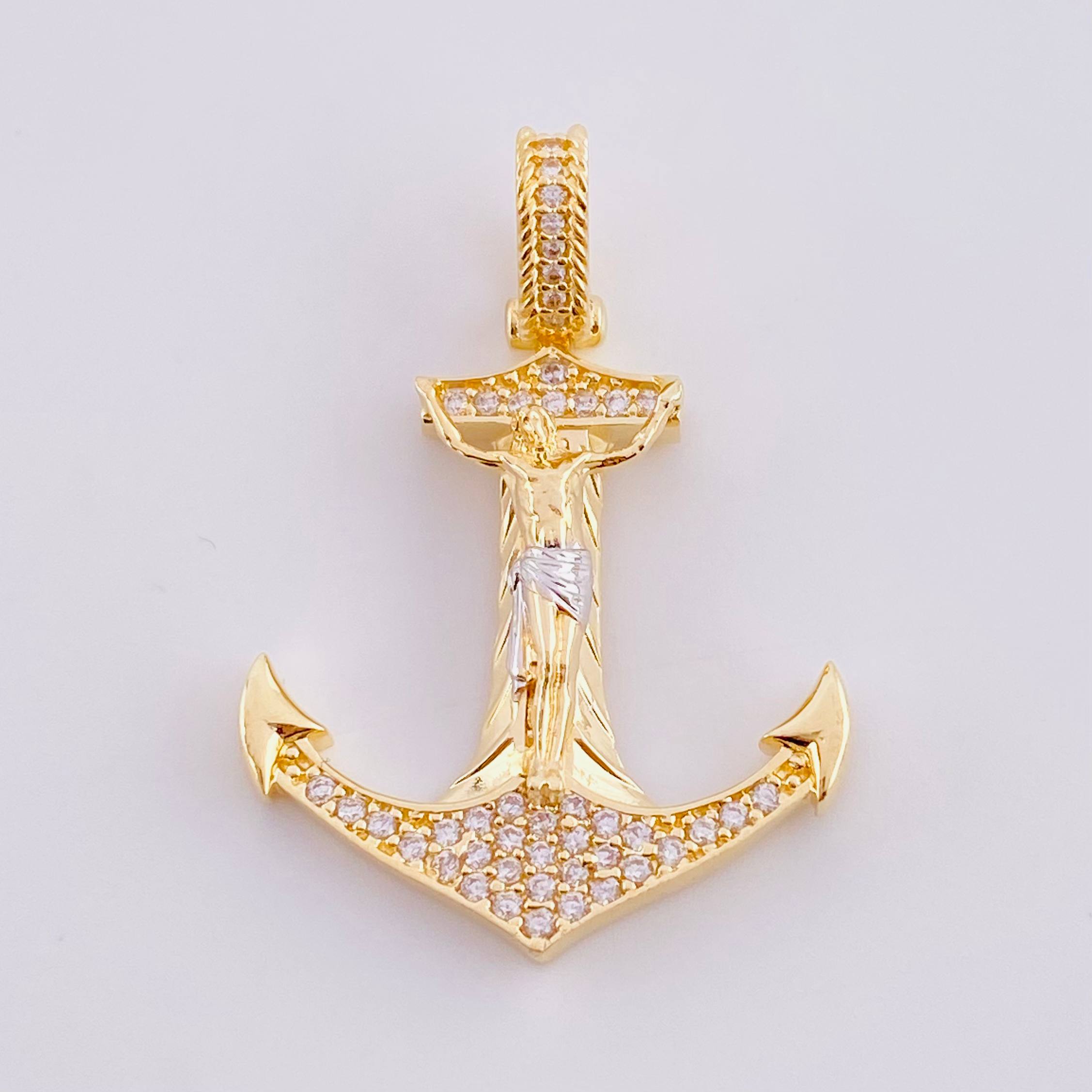 Dije Ancla cristo 5.15g / 3.7cm Dos Oros Amarillo Blanco 18K