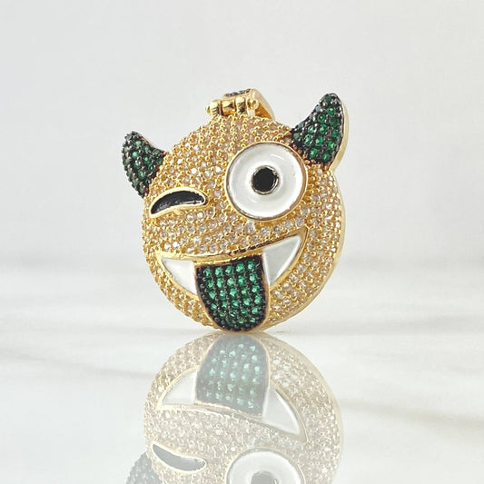 Dije Emogi Diablo Lengua Afuera 7.95gr / 3.3cm / Circones Blancos Verdes Oro Amarillo 18K ©