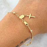 Pulso Denario Virgen Guadalupe 2.7gr / 19cm / 3mm Cruz Lisa - Bolas Diamantadas Oro Amarillo 18K