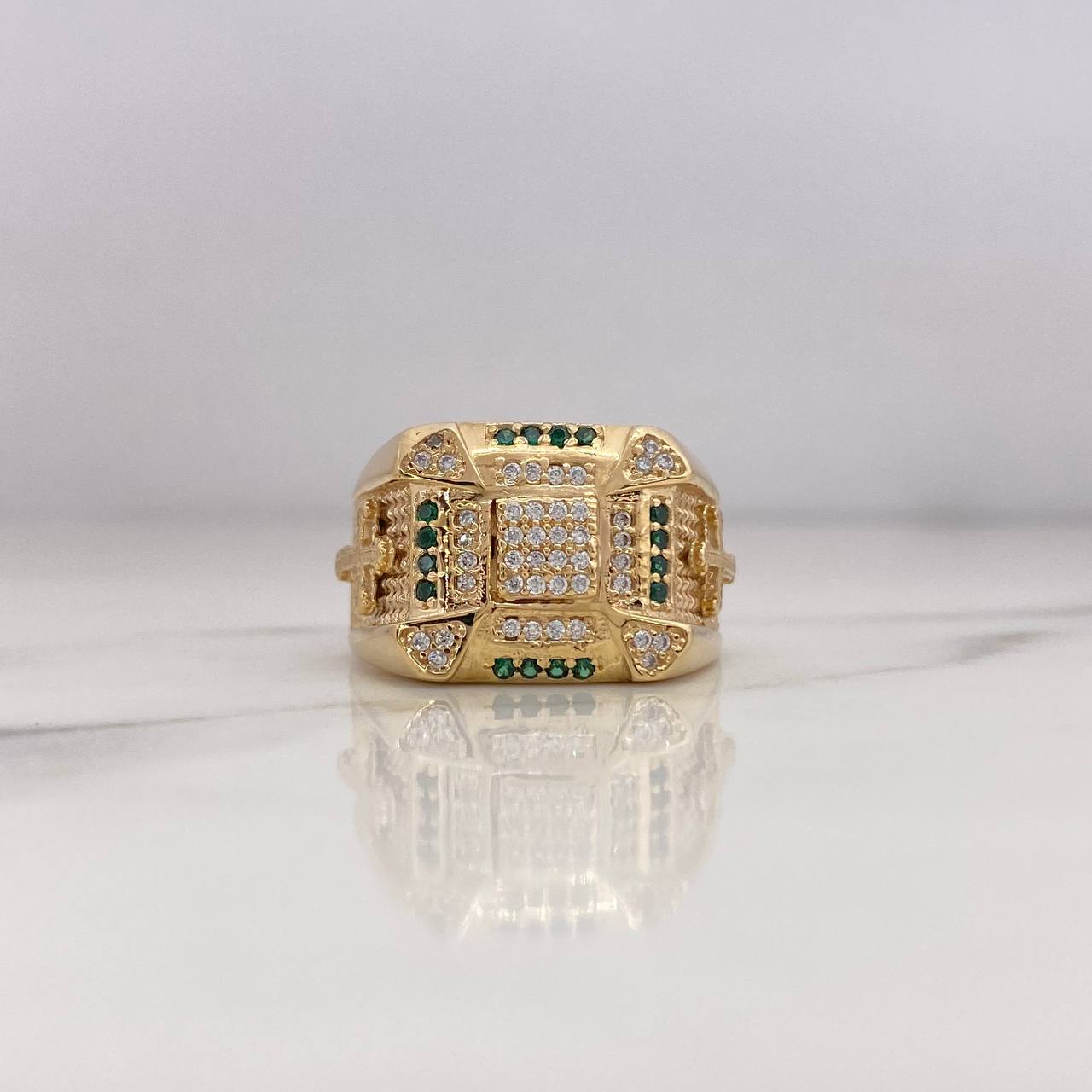 Anillo Cuadrado Cruz 12.5gr / T8 1/2 / Circones Blancos Verdes Oro Amarillo 18K $