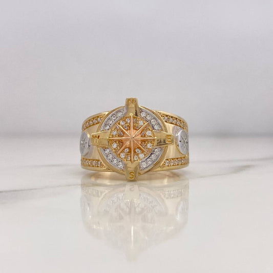 Anillo Brujula Estrella Cardinal 11.25gr / T9 1/4 / Circones Blancos Tres Oros 18K $