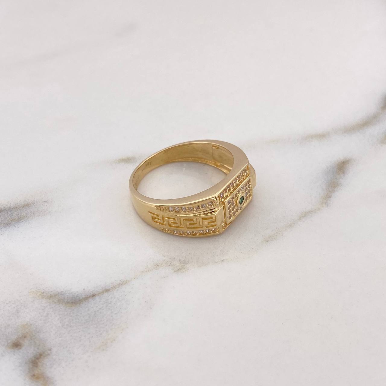 Anillo Rectangulo Tribales 7.75gr / T10 3/4 / Circones Blancos Verdes Oro Amarillo 18K #