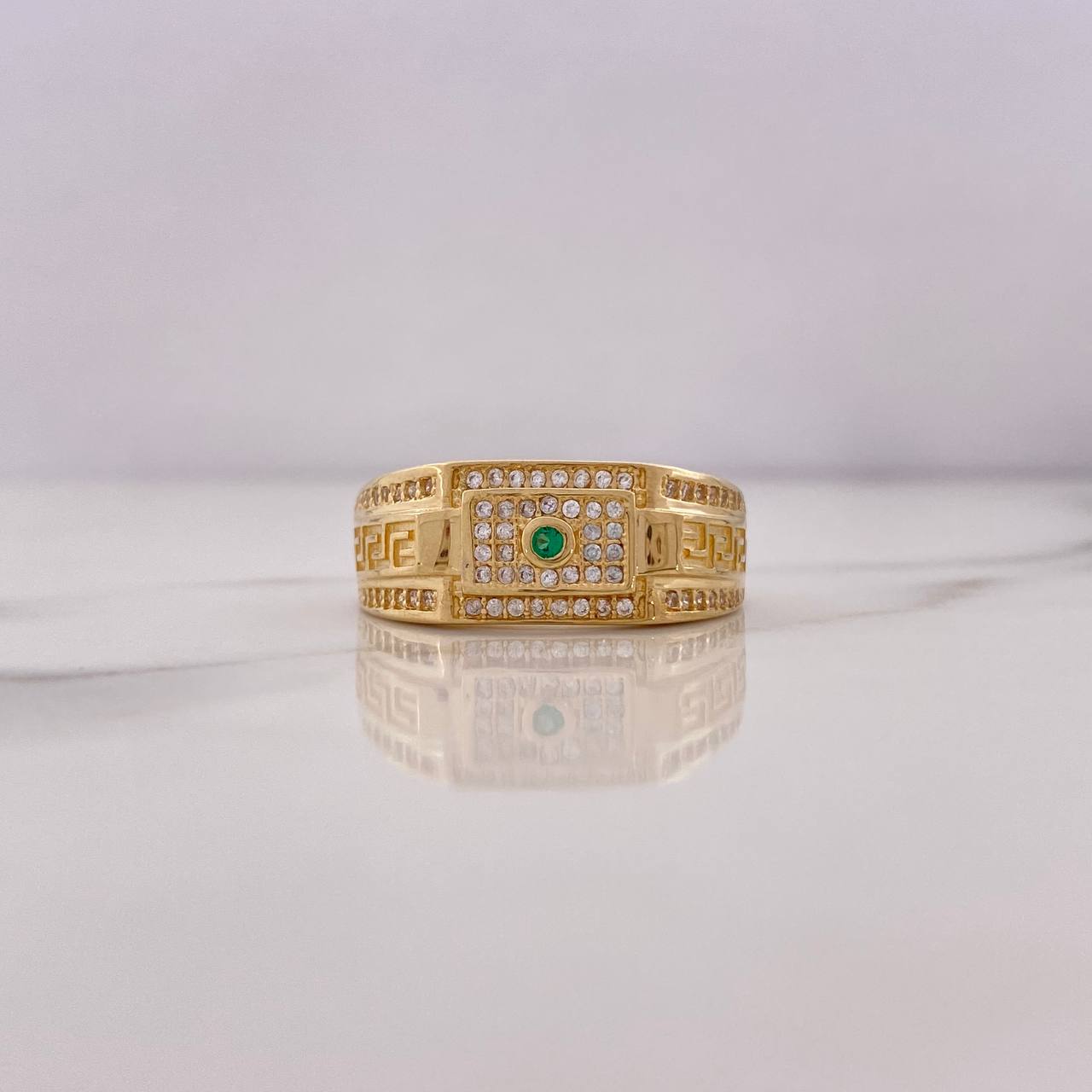 Anillo Rectangulo Tribales 7.75gr / T10 3/4 / Circones Blancos Verdes Oro Amarillo 18K #