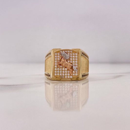 Anillo Caballo 10.7gr / T11 / Circones Blancos Negros Tres Oros 18K $